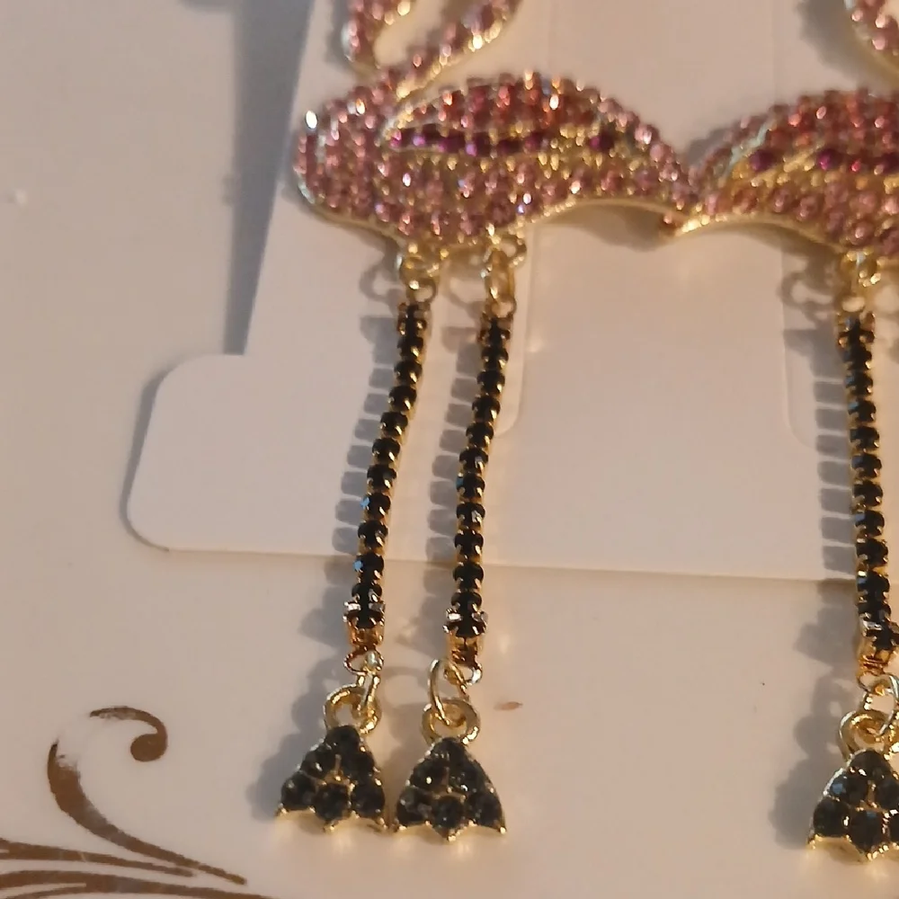 Rhinestone Extra Long Flamingo Earrings with Green and Pink Accents - Picture 3 of 7